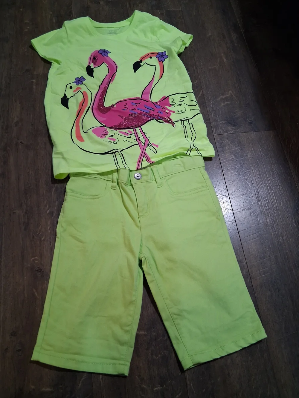 The Children's Place Lime Green Pink Flamingo Matching Top Shorts Two Piece Set - Picture 1 of 4